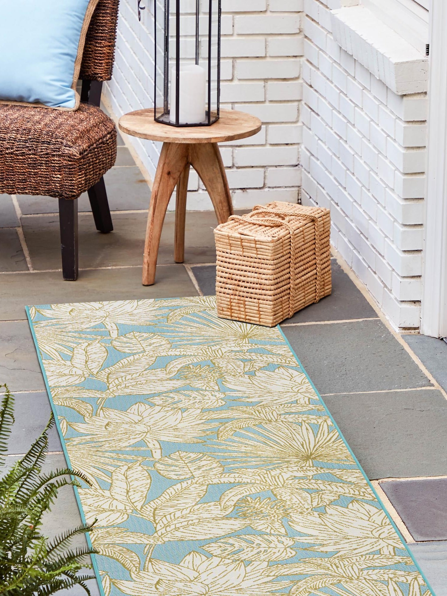 Soft Blue 2' 7 x 10' Outdoor Botanical Runner Area Rug Weather Resistant for Patio, Deck, Terrace, Balcony, Porch Polypropylene Garden Floral Tropical Carpet for Sale at Rug Engine