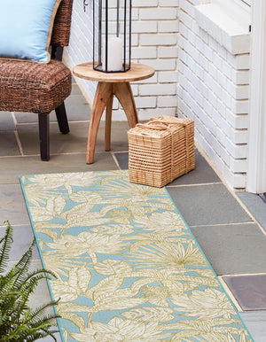 Soft Blue 2' x 8' Outdoor Botanical Runner Area Rug Weather Resistant for Patio, Deck, Terrace, Balcony, Porch Polypropylene Garden Floral Tropical Carpet for Sale at Rug Engine