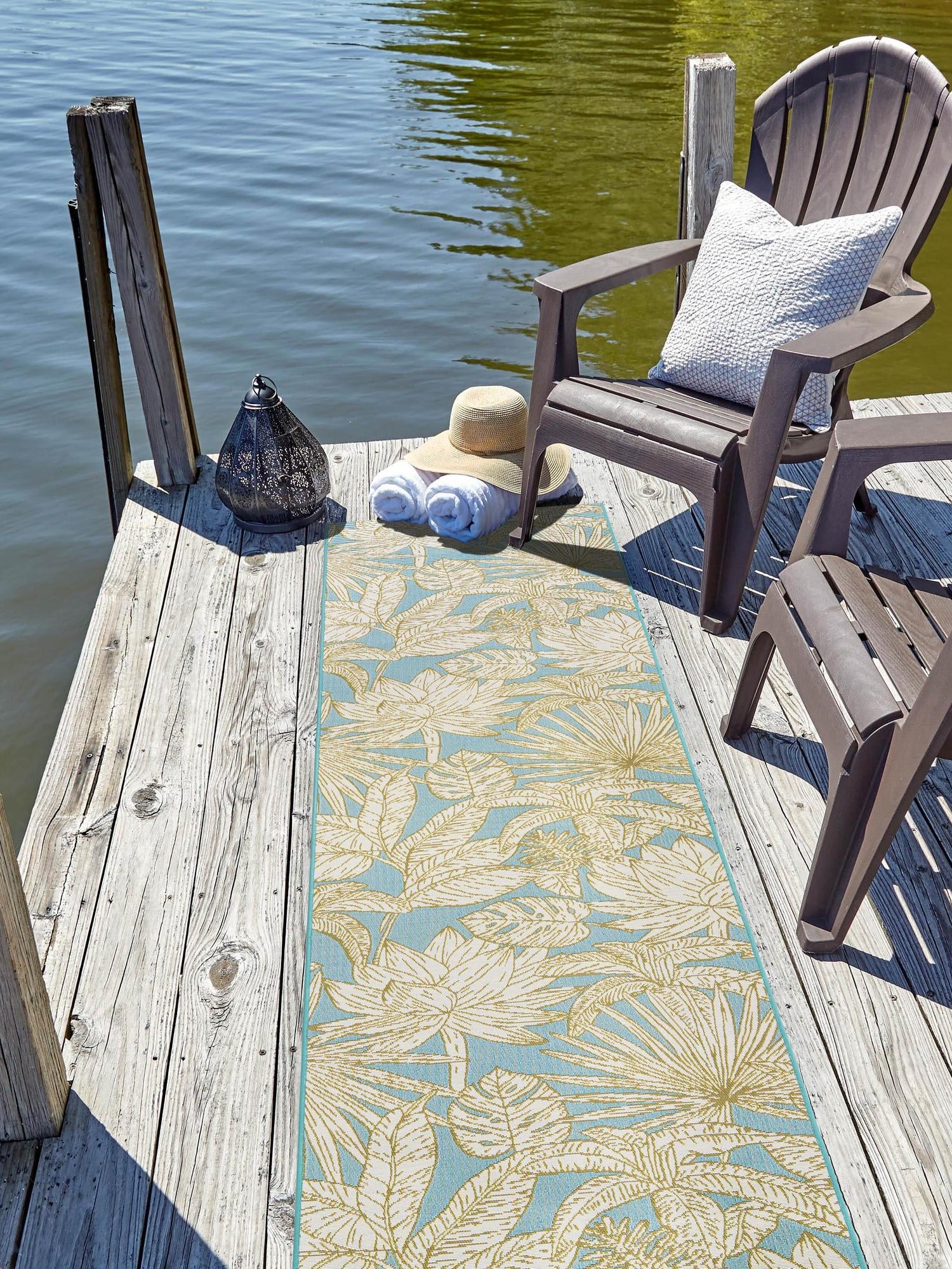 Soft Blue 2' 7 x 12' Outdoor Botanical Runner Area Rug Weather Resistant for Patio, Deck, Terrace, Balcony, Porch Polypropylene Garden Floral Tropical Carpet for Sale at Rug Engine