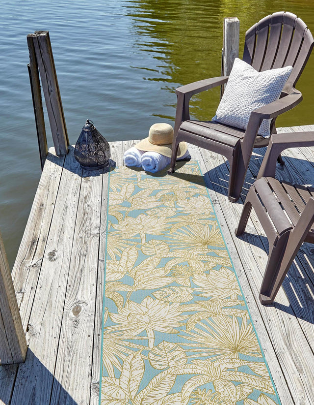 Soft Blue 2' 7 x 12' Outdoor Botanical Runner Area Rug Weather Resistant for Patio, Deck, Terrace, Balcony, Porch Polypropylene Garden Floral Tropical Carpet for Sale at Rug Engine
