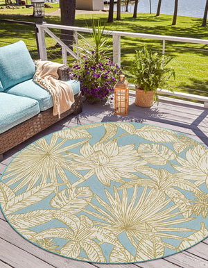 Soft Blue 4' 1 x 4' 1 Outdoor Botanical Round Area Rug Weather Resistant for Patio, Deck, Terrace, Balcony, Porch Polypropylene Garden Floral Tropical Carpet for Sale at Rug Engine
