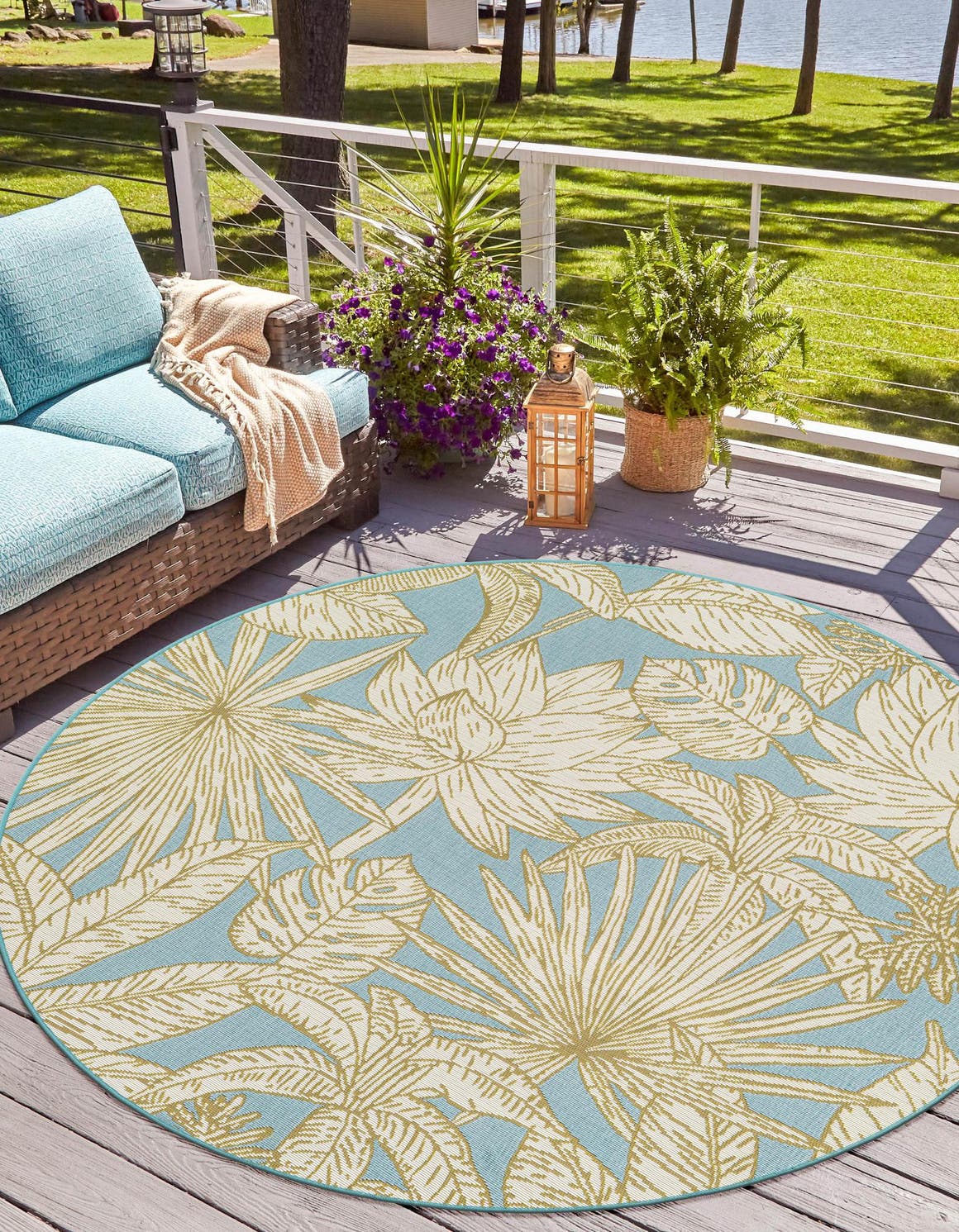 Soft Blue 3' 1 x 3' 1 Outdoor Botanical Round Area Rug Weather Resistant for Patio, Deck, Terrace, Balcony, Porch Polypropylene Garden Floral Tropical Carpet for Sale at Rug Engine