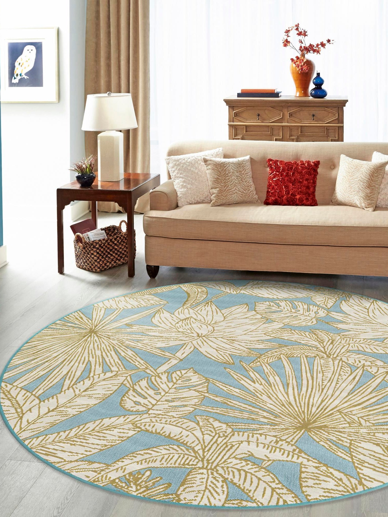 Soft Blue 4' 1 x 4' 1 Outdoor Botanical Round Area Rug Weather Resistant for Patio, Deck, Terrace, Balcony, Porch Polypropylene Garden Floral Tropical Carpet for Sale at Rug Engine
