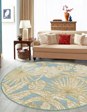 Soft Blue 3' 1 x 3' 1 Outdoor Botanical Round Area Rug Weather Resistant for Patio, Deck, Terrace, Balcony, Porch Polypropylene Garden Floral Tropical Carpet for Sale at Rug Engine