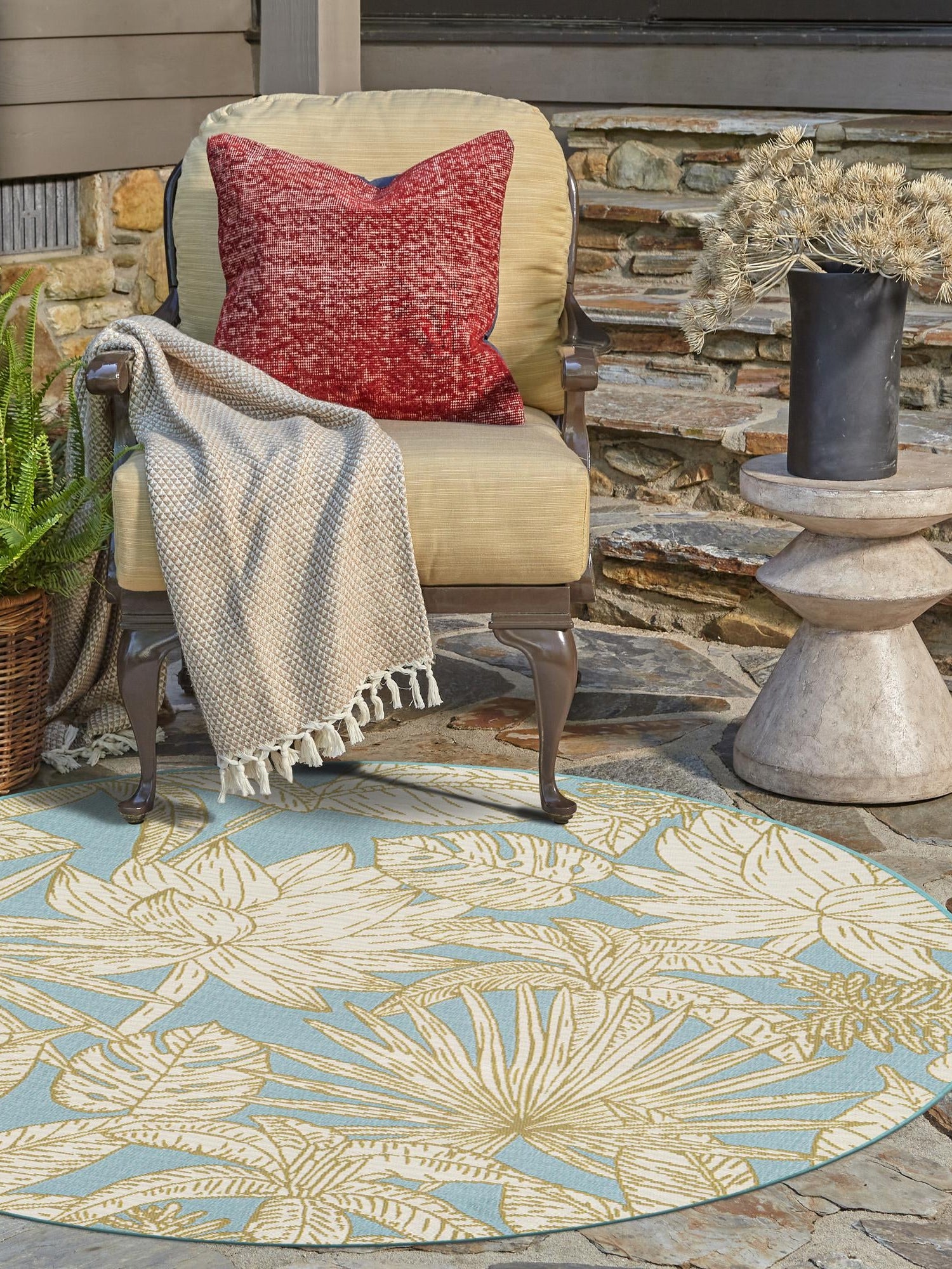Soft Blue 7' 10 x 7' 10 Outdoor Botanical Round Area Rug Weather Resistant for Patio, Deck, Terrace, Balcony, Porch Polypropylene Garden Floral Tropical Carpet for Sale at Rug Engine