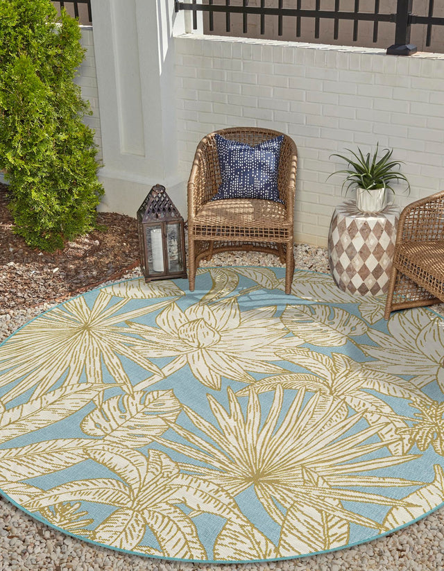 Soft Blue 4' 1 x 4' 1 Outdoor Botanical Round Area Rug Weather Resistant for Patio, Deck, Terrace, Balcony, Porch Polypropylene Garden Floral Tropical Carpet for Sale at Rug Engine