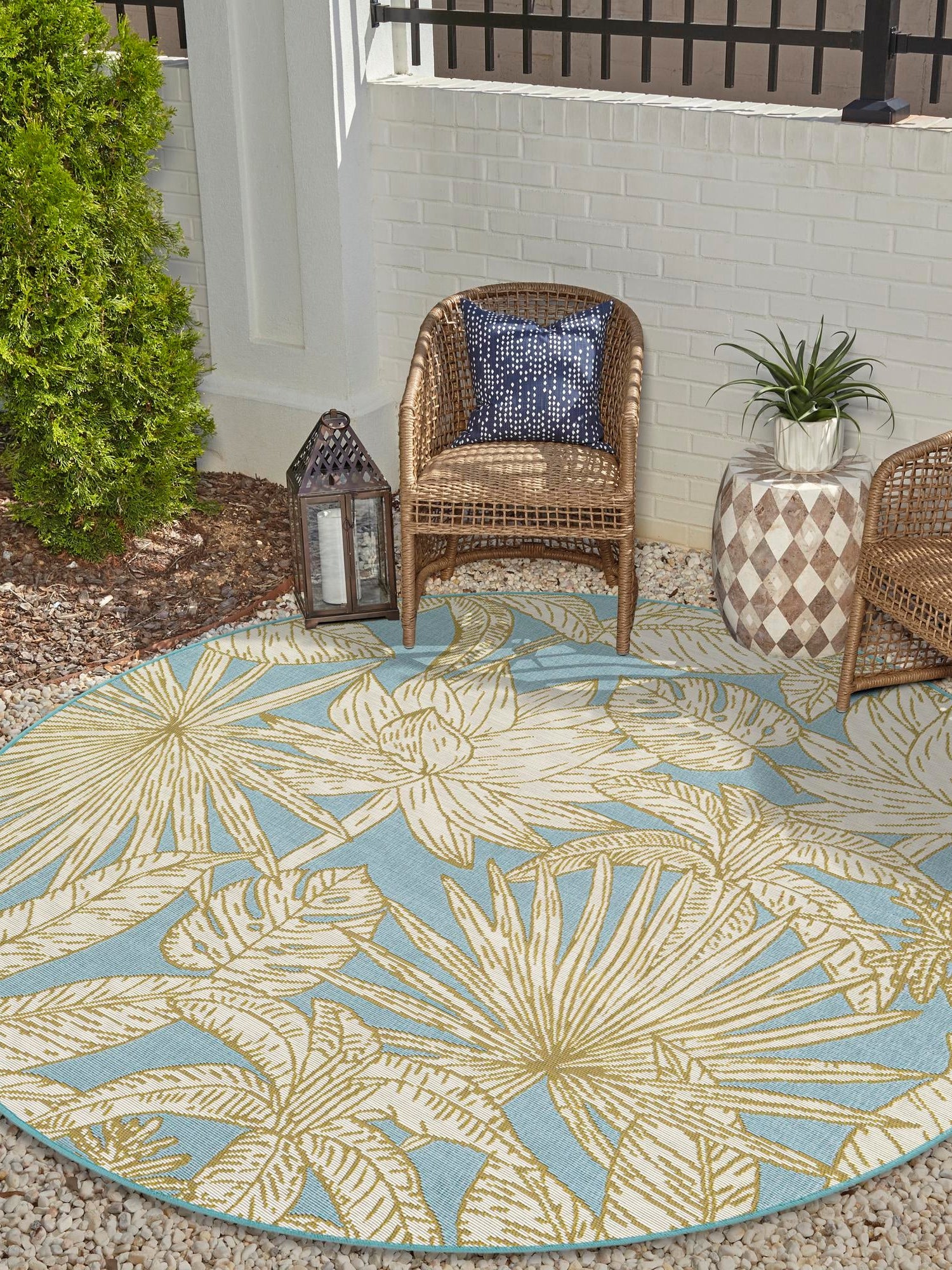 Soft Blue 3' 1 x 3' 1 Outdoor Botanical Round Area Rug Weather Resistant for Patio, Deck, Terrace, Balcony, Porch Polypropylene Garden Floral Tropical Carpet for Sale at Rug Engine