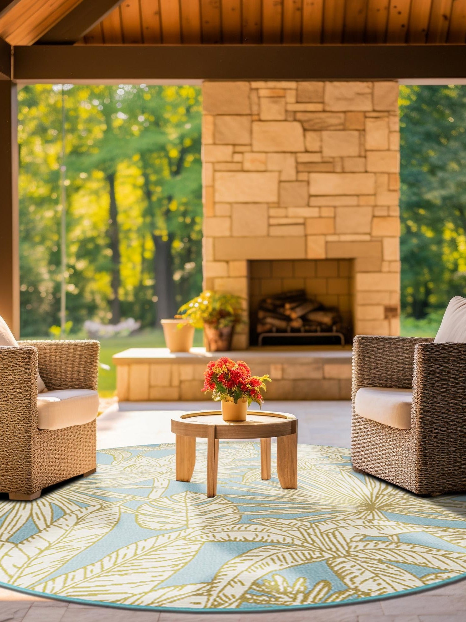 Soft Blue 3' 1 x 3' 1 Outdoor Botanical Round Area Rug Weather Resistant for Patio, Deck, Terrace, Balcony, Porch Polypropylene Garden Floral Tropical Carpet for Sale at Rug Engine