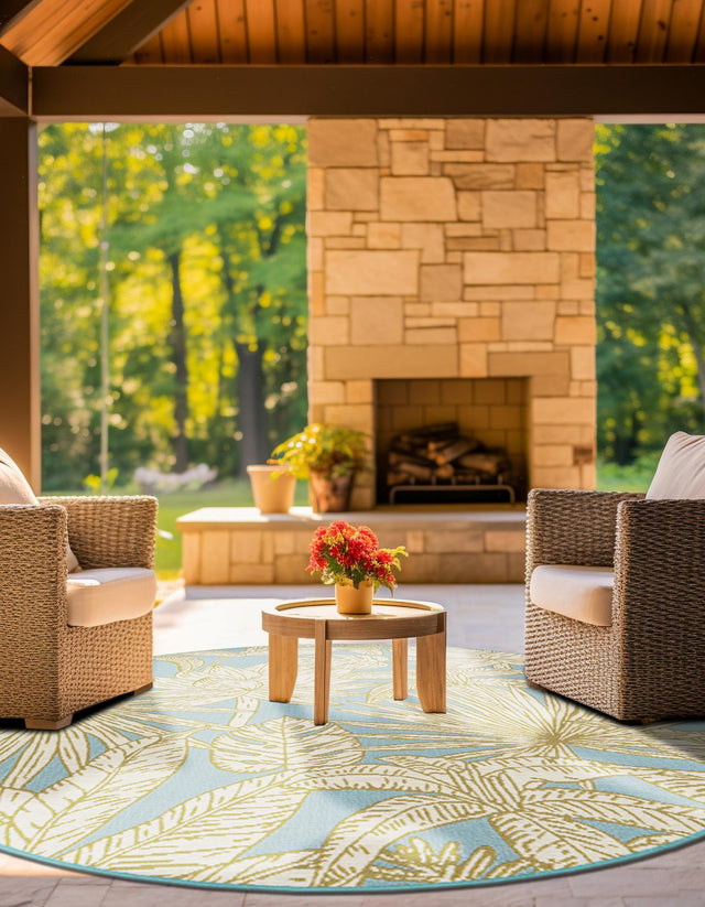 Soft Blue 5' 1 x 5' 1 Outdoor Botanical Round Area Rug Weather Resistant for Patio, Deck, Terrace, Balcony, Porch Polypropylene Garden Floral Tropical Carpet for Sale at Rug Engine