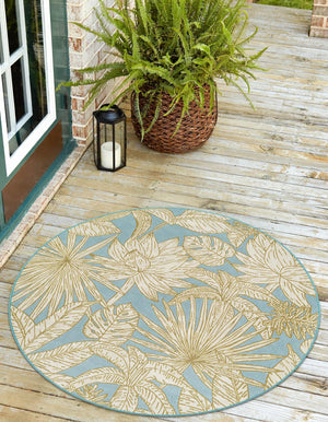 Soft Blue 3' 1 x 3' 1 Outdoor Botanical Round Area Rug Weather Resistant for Patio, Deck, Terrace, Balcony, Porch Polypropylene Garden Floral Tropical Carpet for Sale at Rug Engine