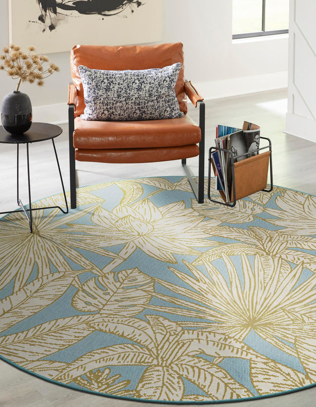 Soft Blue 3' 1 x 3' 1 Outdoor Botanical Round Area Rug Weather Resistant for Patio, Deck, Terrace, Balcony, Porch Polypropylene Garden Floral Tropical Carpet for Sale at Rug Engine