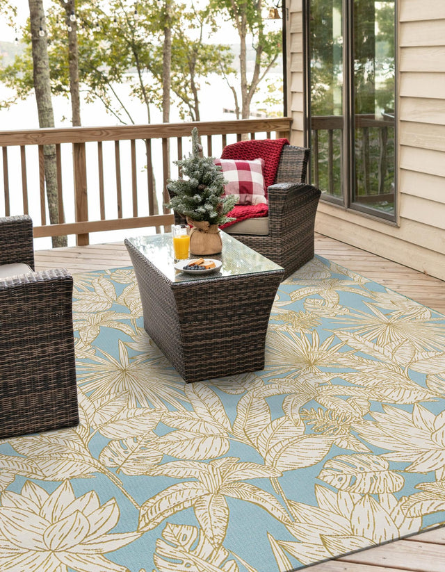 Soft Blue 10' x 10' Outdoor Botanical Square Area Rug Weather Resistant for Patio, Deck, Terrace, Balcony, Porch Polypropylene Garden Floral Tropical Carpet for Sale at Rug Engine