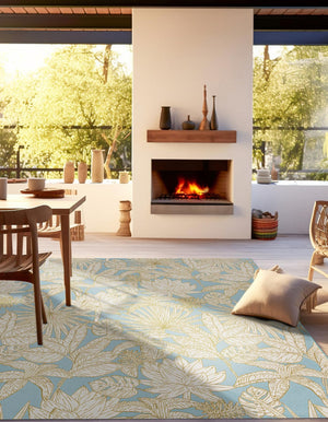 Soft Blue 7' 10 x 7' 10 Outdoor Botanical Square Area Rug Weather Resistant for Patio, Deck, Terrace, Balcony, Porch Polypropylene Garden Floral Tropical Carpet for Sale at Rug Engine
