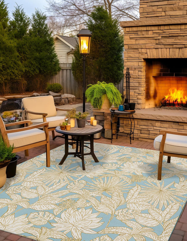 Soft Blue 7' 10 x 7' 10 Outdoor Botanical Square Area Rug Weather Resistant for Patio, Deck, Terrace, Balcony, Porch Polypropylene Garden Floral Tropical Carpet for Sale at Rug Engine