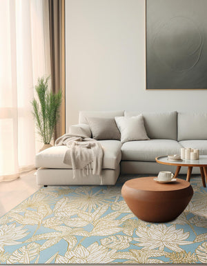 Soft Blue 7' 10 x 7' 10 Outdoor Botanical Square Area Rug Weather Resistant for Patio, Deck, Terrace, Balcony, Porch Polypropylene Garden Floral Tropical Carpet for Sale at Rug Engine