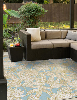 Soft Blue 10' x 10' Outdoor Botanical Square Area Rug Weather Resistant for Patio, Deck, Terrace, Balcony, Porch Polypropylene Garden Floral Tropical Carpet for Sale at Rug Engine