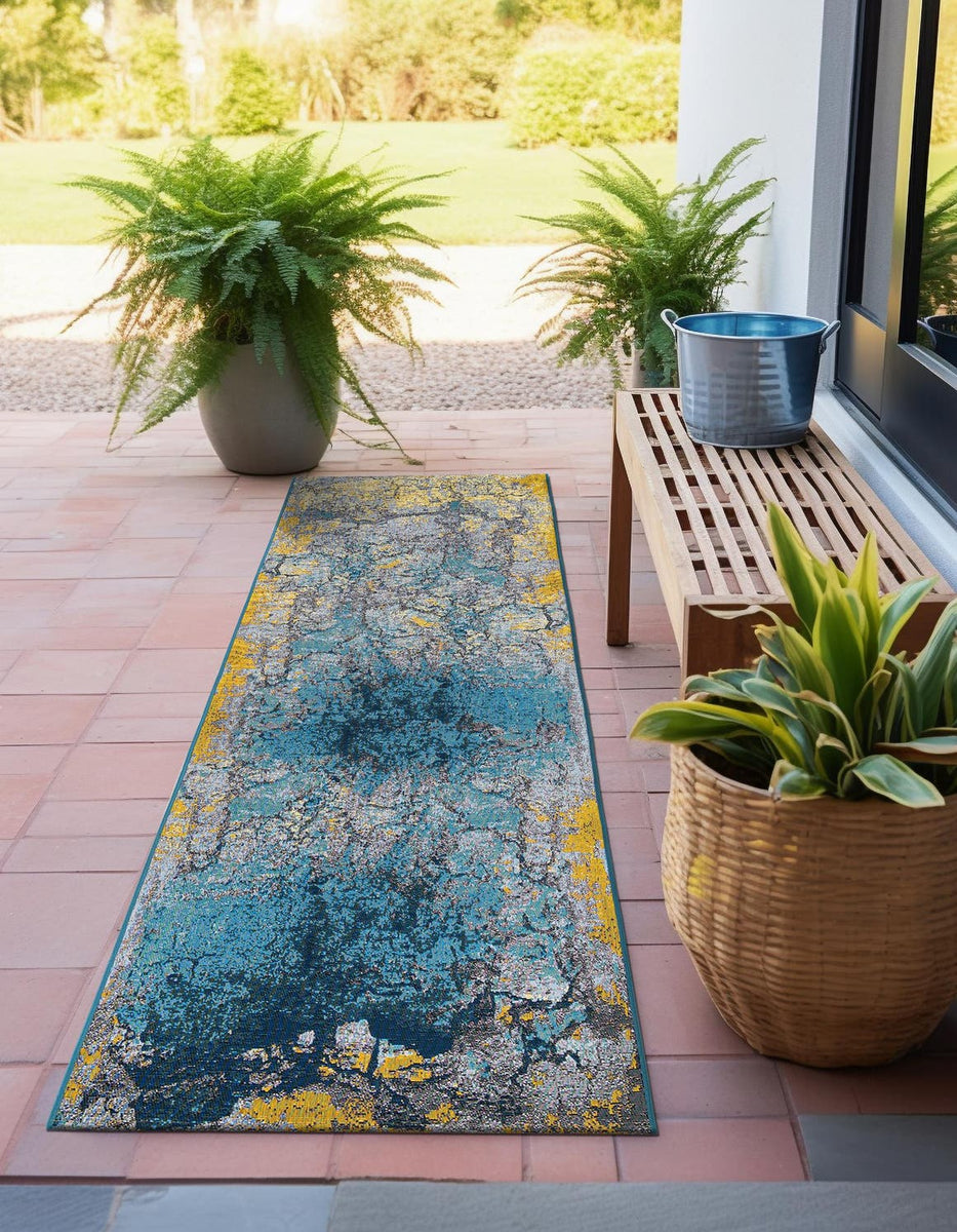 Gradient Blue 2' x 8' Outdoor Modern Runner Area Rug Weather Resistant ...