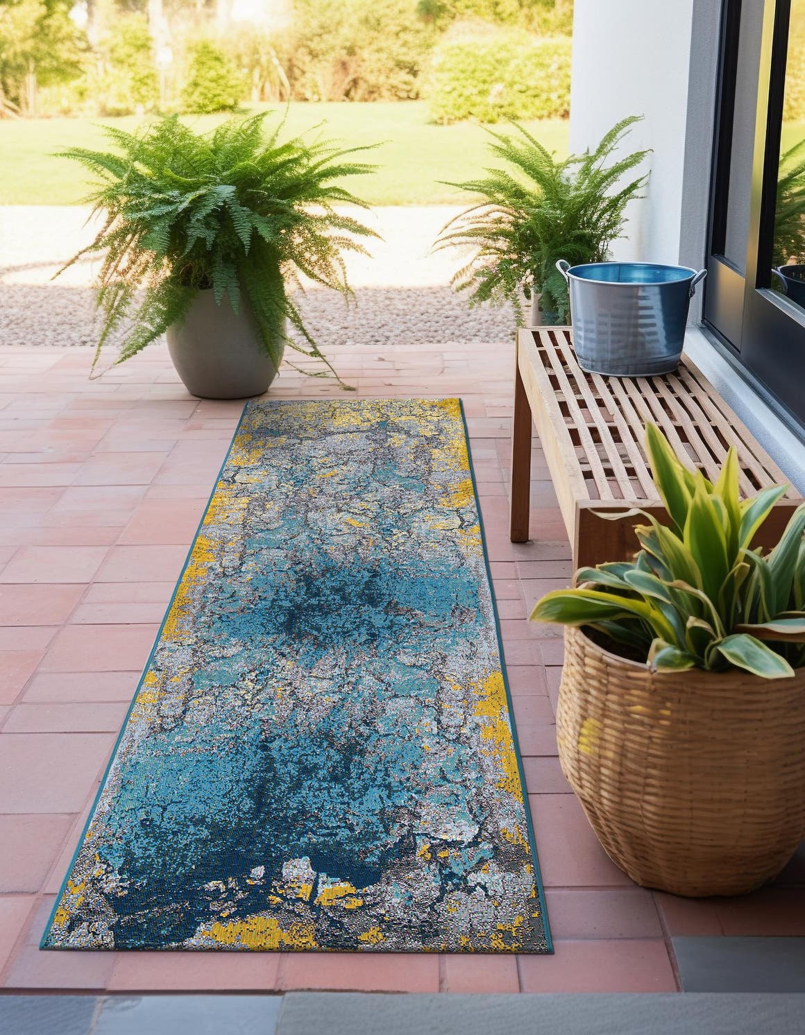 Gradient Blue 2' x 8' Outdoor Modern Runner Area Rug Weather Resistant for Patio, Deck, Terrace, Balcony, Porch 100% Polypropylene Modern Outside Carpet for Sale at Rug Engine
