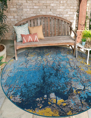 Gradient Blue 7' 10 x 7' 10 Outdoor Modern Round Area Rug Weather Resistant for Patio, Deck, Terrace, Balcony, Porch 100% Polypropylene Modern Outside Carpet for Sale at Rug Engine