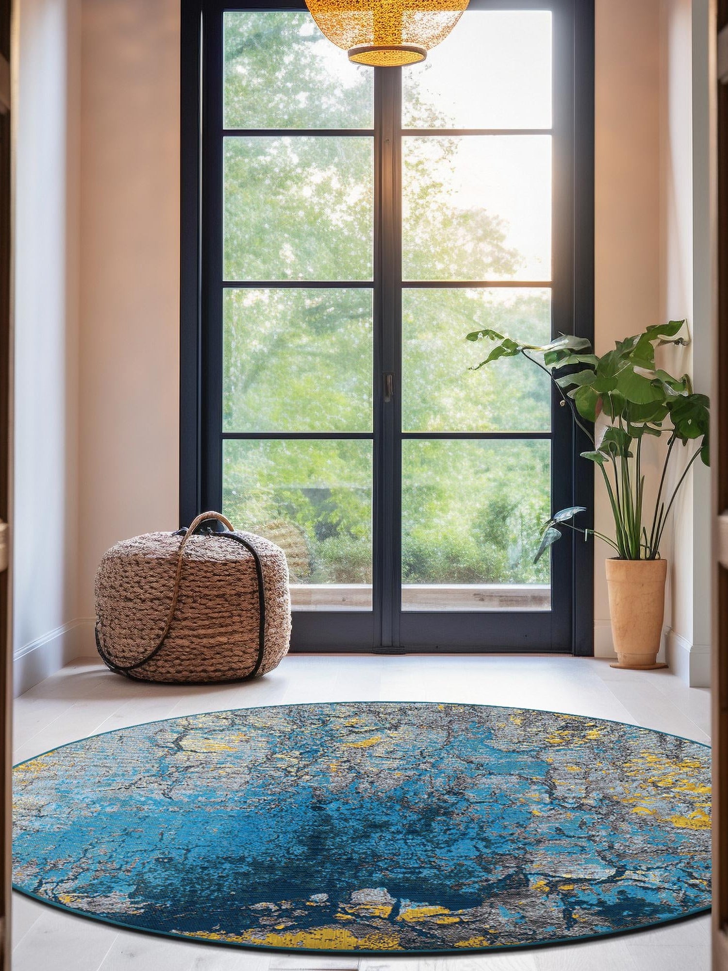 Gradient Blue 4' 1 x 4' 1 Outdoor Modern Round Area Rug Weather Resistant for Patio, Deck, Terrace, Balcony, Porch 100% Polypropylene Modern Outside Carpet for Sale at Rug Engine
