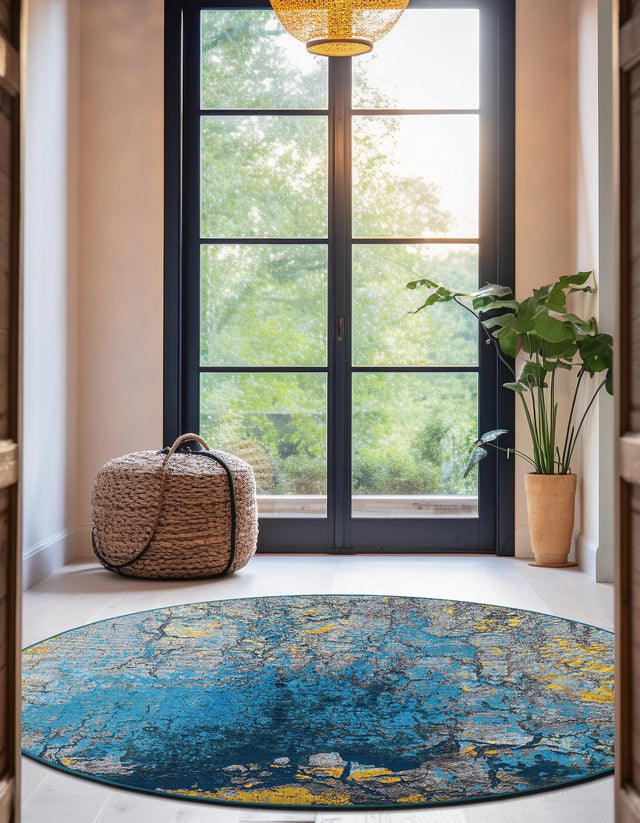 Gradient Blue 4' 1 x 4' 1 Outdoor Modern Round Area Rug Weather Resistant for Patio, Deck, Terrace, Balcony, Porch 100% Polypropylene Modern Outside Carpet for Sale at Rug Engine