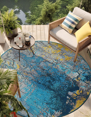 Gradient Blue 10' x 10' Outdoor Modern Round Area Rug Weather Resistant for Patio, Deck, Terrace, Balcony, Porch 100% Polypropylene Modern Outside Carpet for Sale at Rug Engine