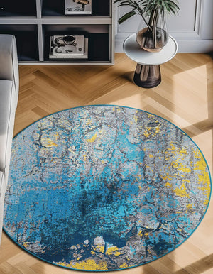 Gradient Blue 7' 10 x 7' 10 Outdoor Modern Round Area Rug Weather Resistant for Patio, Deck, Terrace, Balcony, Porch 100% Polypropylene Modern Outside Carpet for Sale at Rug Engine
