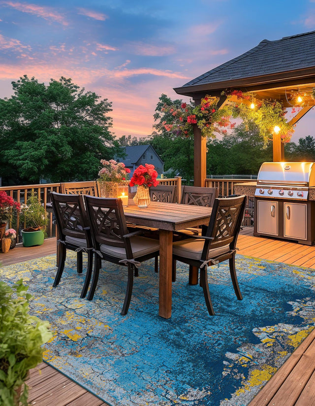 Gradient Blue 7' 10 x 7' 10 Outdoor Modern Square Area Rug Weather Resistant for Patio, Deck, Terrace, Balcony, Porch 100% Polypropylene Modern Outside Carpet for Sale at Rug Engine