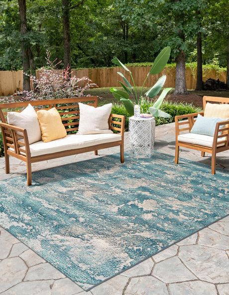 Aqua Blue 5' 1 x 7' 1 Outdoor Modern Rectangle Area Rug Weather Resistant for Patio, Deck, Terrace, Balcony, Porch