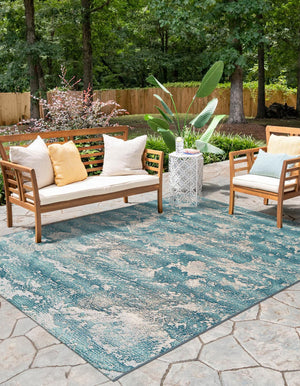 Aqua Blue 10' x 14' 1 Outdoor Modern Rectangle Area Rug Weather Resistant for Patio, Deck, Terrace, Balcony, Porch 100% Polypropylene Modern Outside Carpet for Sale at Rug Engine