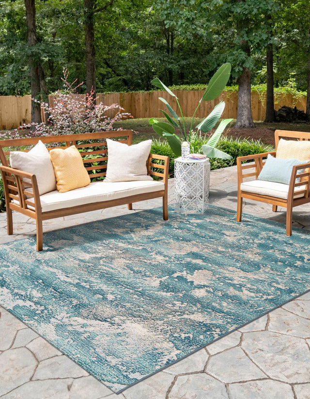 Aqua Blue 7' 10 x 10' Outdoor Modern Rectangle Area Rug Weather Resistant for Patio, Deck, Terrace, Balcony, Porch 100% Polypropylene Modern Outside Carpet for Sale at Rug Engine