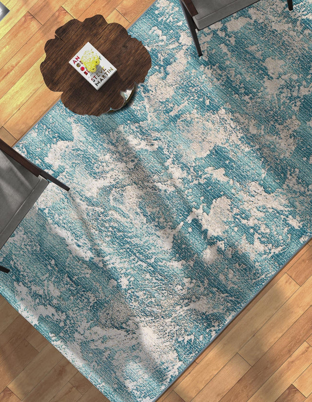 Aqua Blue 4' 1 x 6' 1 Outdoor Modern Rectangle Area Rug Weather Resistant for Patio, Deck, Terrace, Balcony, Porch 100% Polypropylene Modern Outside Carpet for Sale at Rug Engine