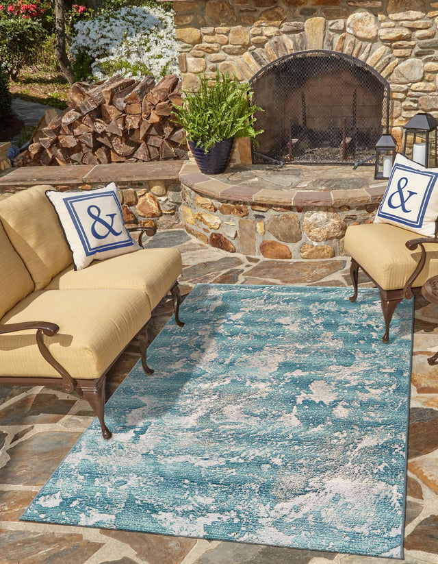 Aqua Blue 7' 10 x 10' Outdoor Modern Rectangle Area Rug Weather Resistant for Patio, Deck, Terrace, Balcony, Porch 100% Polypropylene Modern Outside Carpet for Sale at Rug Engine