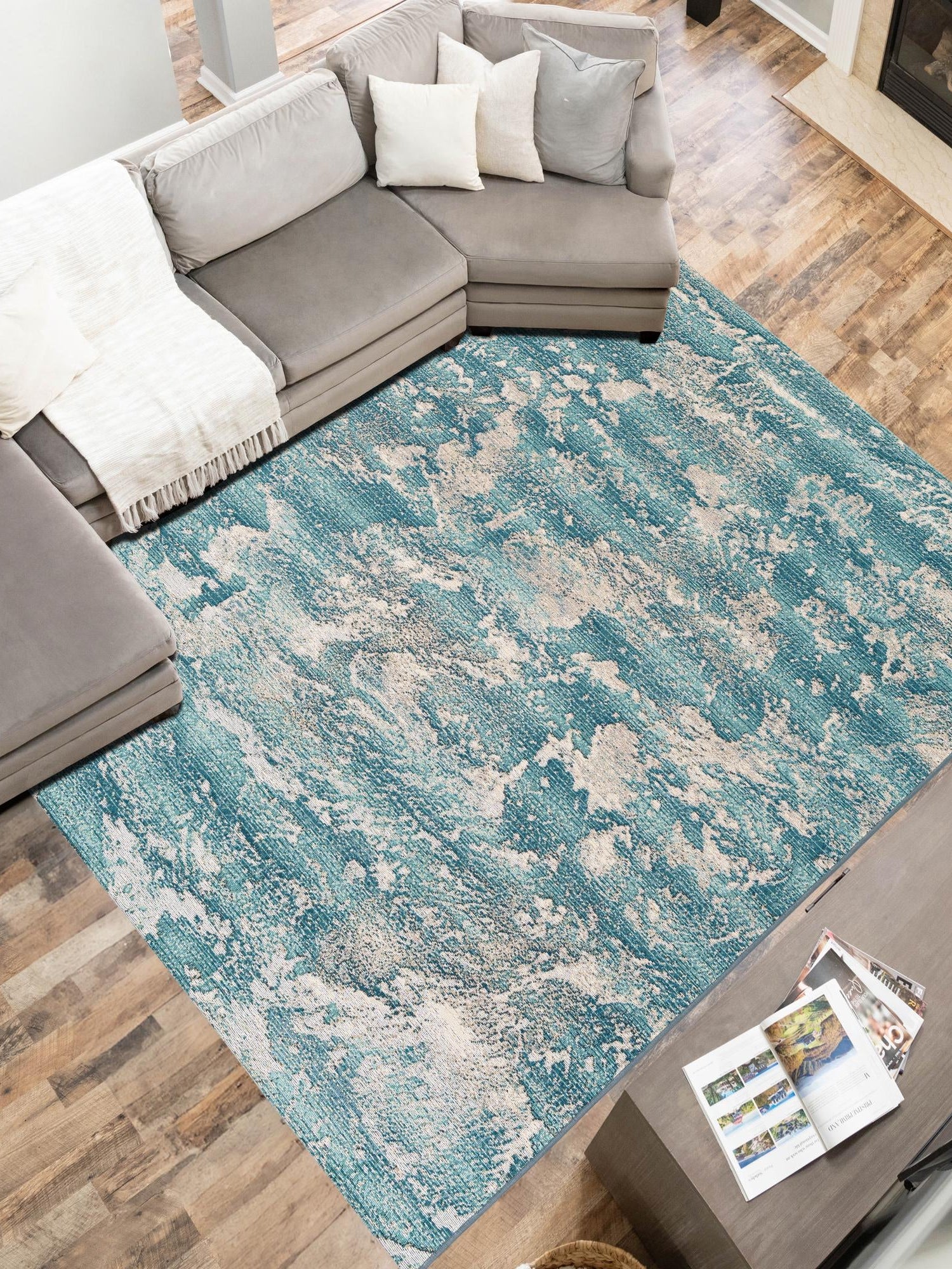 Aqua Blue 10' x 14' 1 Outdoor Modern Rectangle Area Rug Weather Resistant for Patio, Deck, Terrace, Balcony, Porch 100% Polypropylene Modern Outside Carpet for Sale at Rug Engine