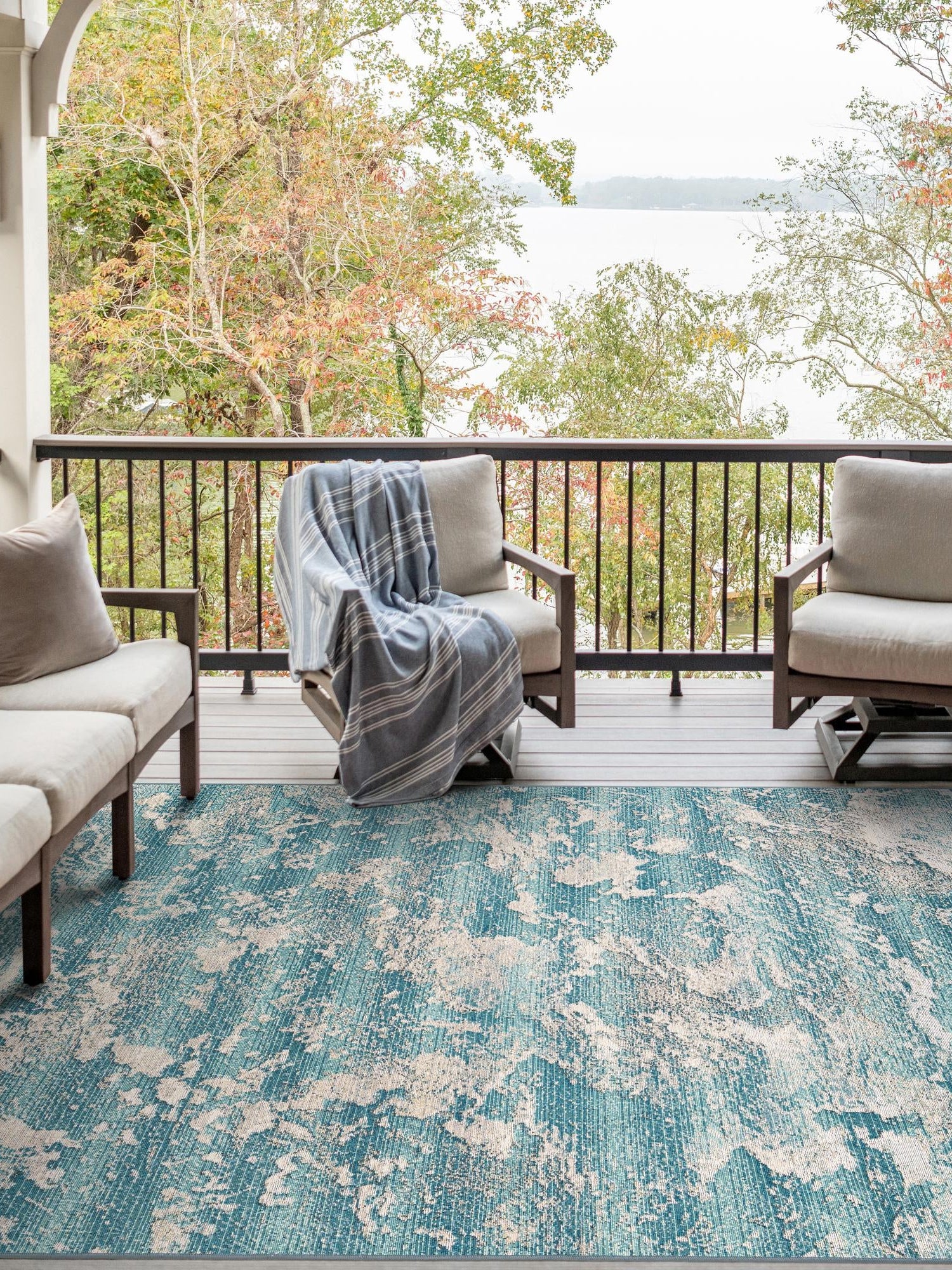 Aqua Blue 4' 1 x 6' 1 Outdoor Modern Rectangle Area Rug Weather Resistant for Patio, Deck, Terrace, Balcony, Porch 100% Polypropylene Modern Outside Carpet for Sale at Rug Engine