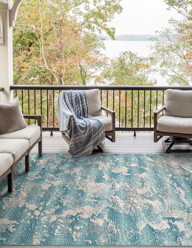 Aqua Blue 6' 1 x 9' Outdoor Modern Rectangle Area Rug Weather Resistant for Patio, Deck, Terrace, Balcony, Porch 100% Polypropylene Modern Outside Carpet for Sale at Rug Engine