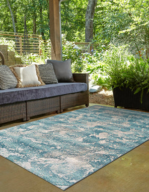 Aqua Blue 7' 10 x 10' Outdoor Modern Rectangle Area Rug Weather Resistant for Patio, Deck, Terrace, Balcony, Porch 100% Polypropylene Modern Outside Carpet for Sale at Rug Engine