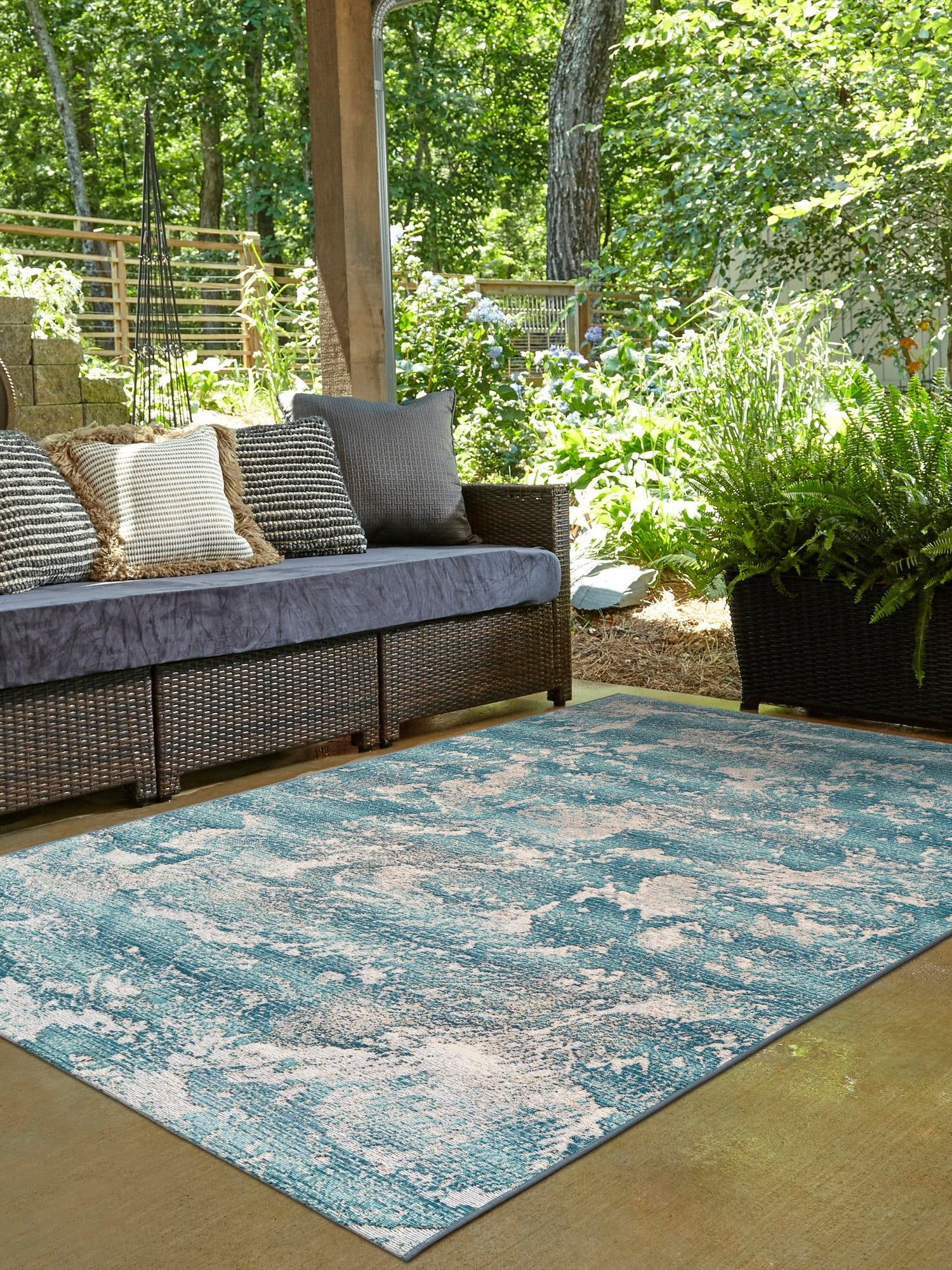 Aqua Blue 5' 1 x 7' 1 Outdoor Modern Rectangle Area Rug Weather Resistant for Patio, Deck, Terrace, Balcony, Porch 100% Polypropylene Modern Outside Carpet for Sale at Rug Engine