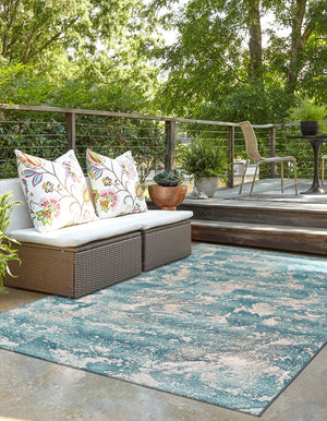 Aqua Blue 7' 10 x 10' Outdoor Modern Rectangle Area Rug Weather Resistant for Patio, Deck, Terrace, Balcony, Porch 100% Polypropylene Modern Outside Carpet for Sale at Rug Engine