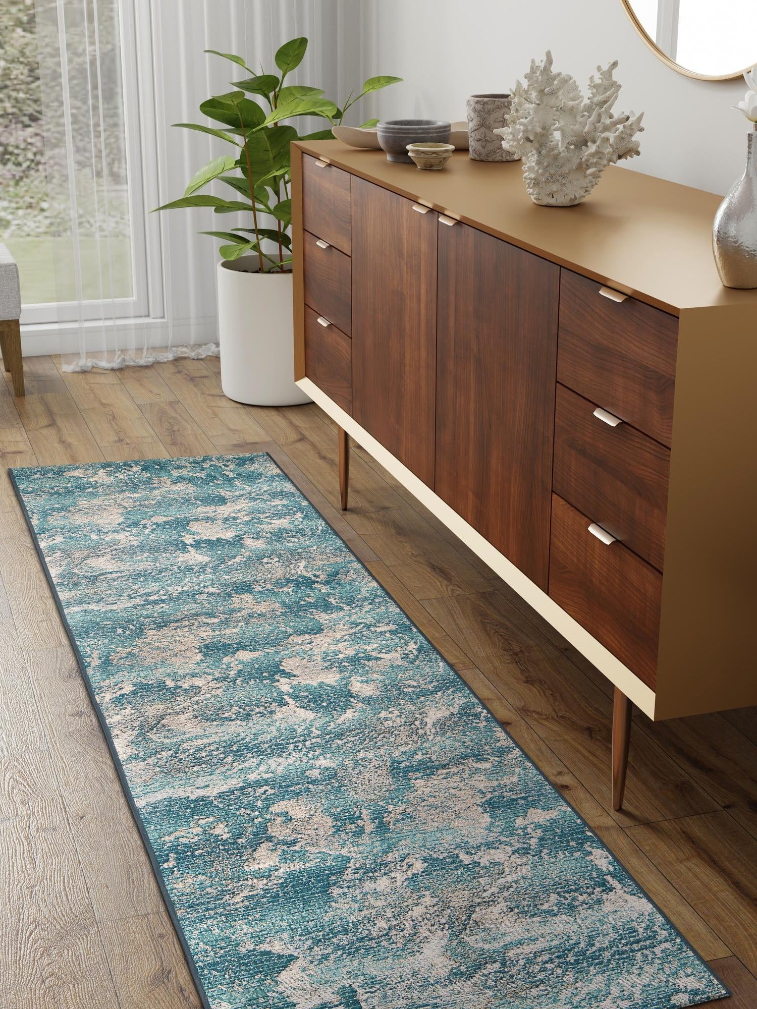 Aqua Blue 2' x 8' Outdoor Modern Runner Area Rug Weather Resistant for Patio, Deck, Terrace, Balcony, Porch 100% Polypropylene Modern Outside Carpet for Sale at Rug Engine