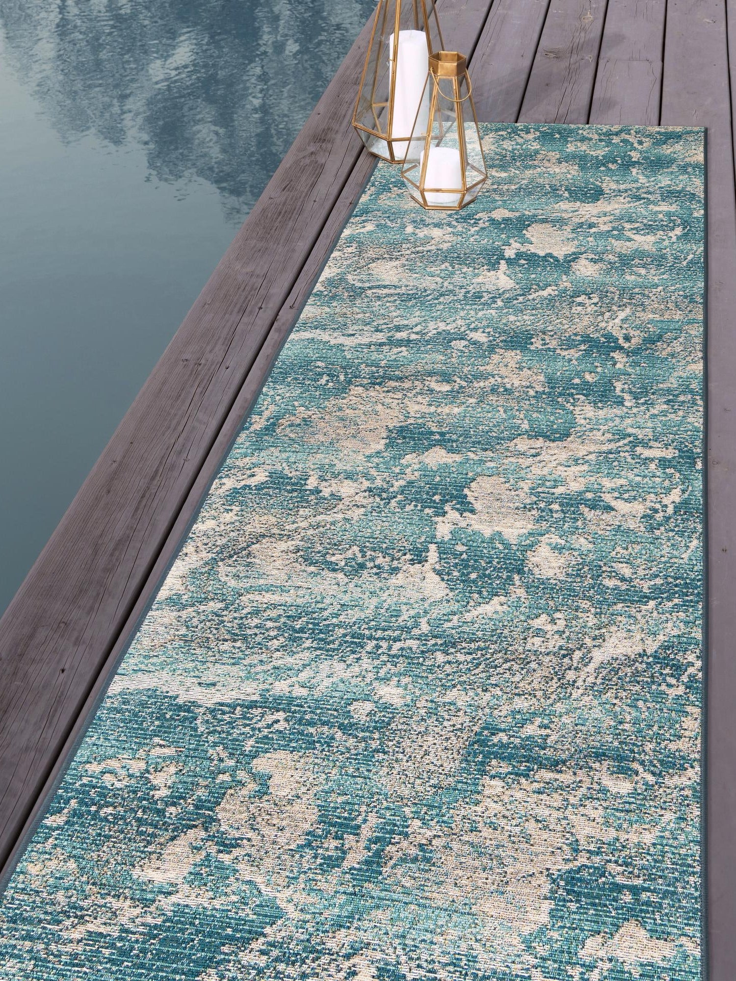 Aqua Blue 2' x 6' 1 Outdoor Modern Runner Area Rug Weather Resistant for Patio, Deck, Terrace, Balcony, Porch 100% Polypropylene Modern Outside Carpet for Sale at Rug Engine