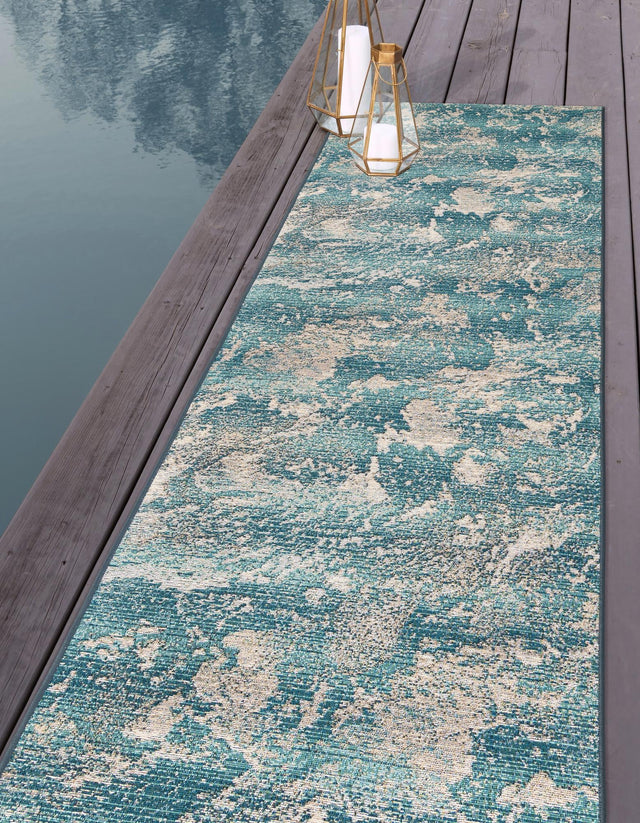 Aqua Blue 2' x 8' Outdoor Modern Runner Area Rug Weather Resistant for Patio, Deck, Terrace, Balcony, Porch 100% Polypropylene Modern Outside Carpet for Sale at Rug Engine