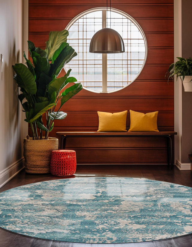 Aqua Blue 10' x 10' Outdoor Modern Round Area Rug Weather Resistant for Patio, Deck, Terrace, Balcony, Porch 100% Polypropylene Modern Outside Carpet for Sale at Rug Engine