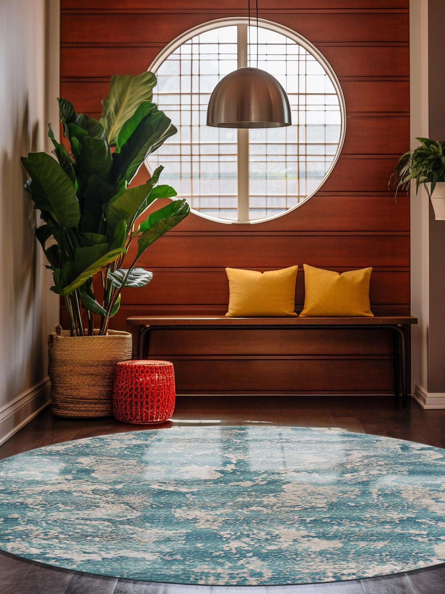 Aqua Blue 5' 1 x 5' 1 Outdoor Modern Round Area Rug Weather Resistant for Patio, Deck, Terrace, Balcony, Porch 100% Polypropylene Modern Outside Carpet for Sale at Rug Engine