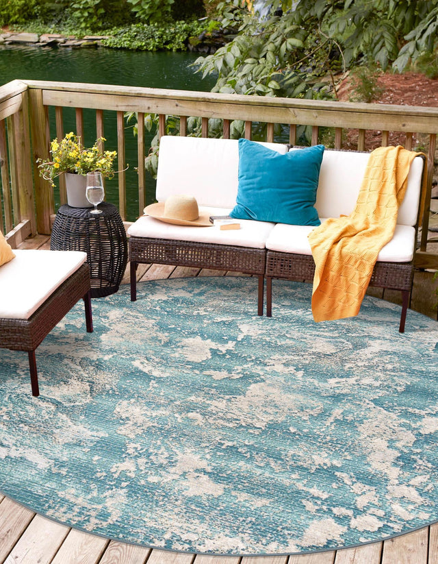 Aqua Blue 5' 1 x 5' 1 Outdoor Modern Round Area Rug Weather Resistant for Patio, Deck, Terrace, Balcony, Porch 100% Polypropylene Modern Outside Carpet for Sale at Rug Engine