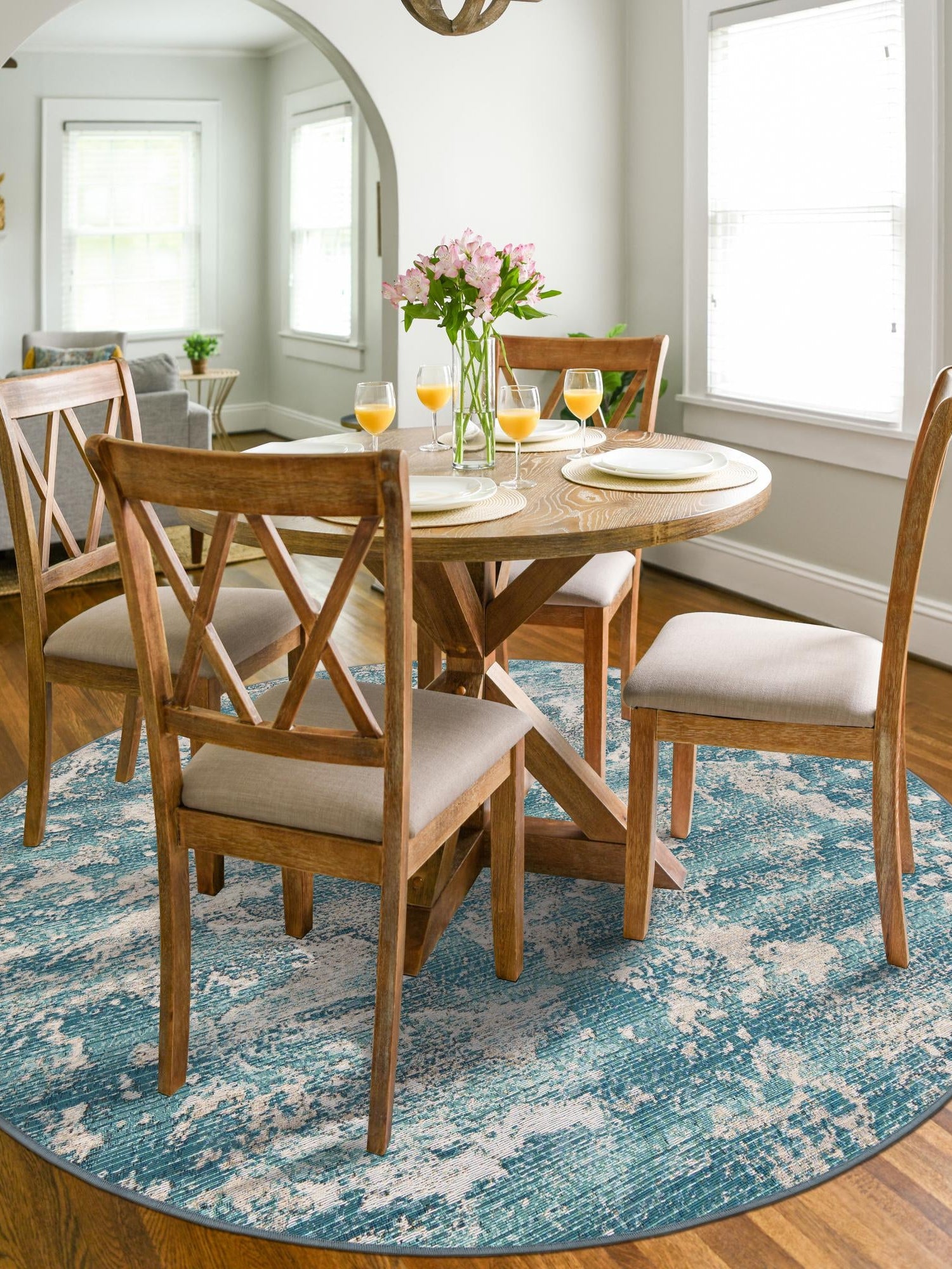Aqua Blue 4' 1 x 4' 1 Outdoor Modern Round Area Rug Weather Resistant for Patio, Deck, Terrace, Balcony, Porch 100% Polypropylene Modern Outside Carpet for Sale at Rug Engine