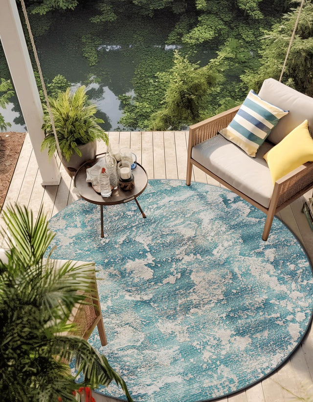 Aqua Blue 10' x 10' Outdoor Modern Round Area Rug Weather Resistant for Patio, Deck, Terrace, Balcony, Porch 100% Polypropylene Modern Outside Carpet for Sale at Rug Engine