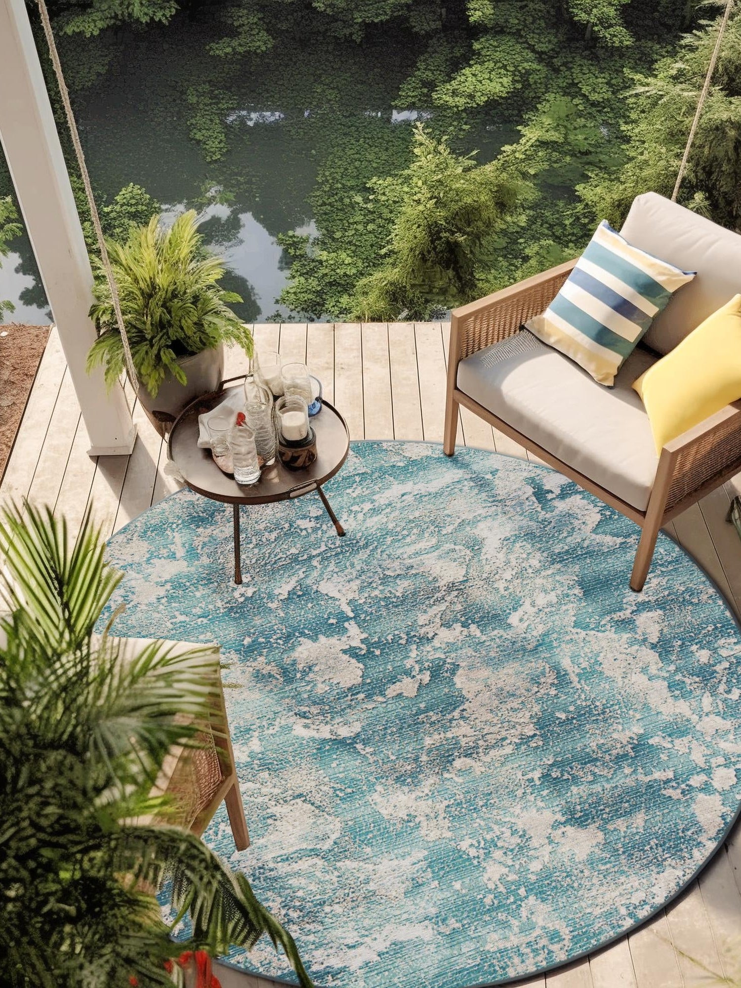 Aqua Blue 5' 1 x 5' 1 Outdoor Modern Round Area Rug Weather Resistant for Patio, Deck, Terrace, Balcony, Porch 100% Polypropylene Modern Outside Carpet for Sale at Rug Engine