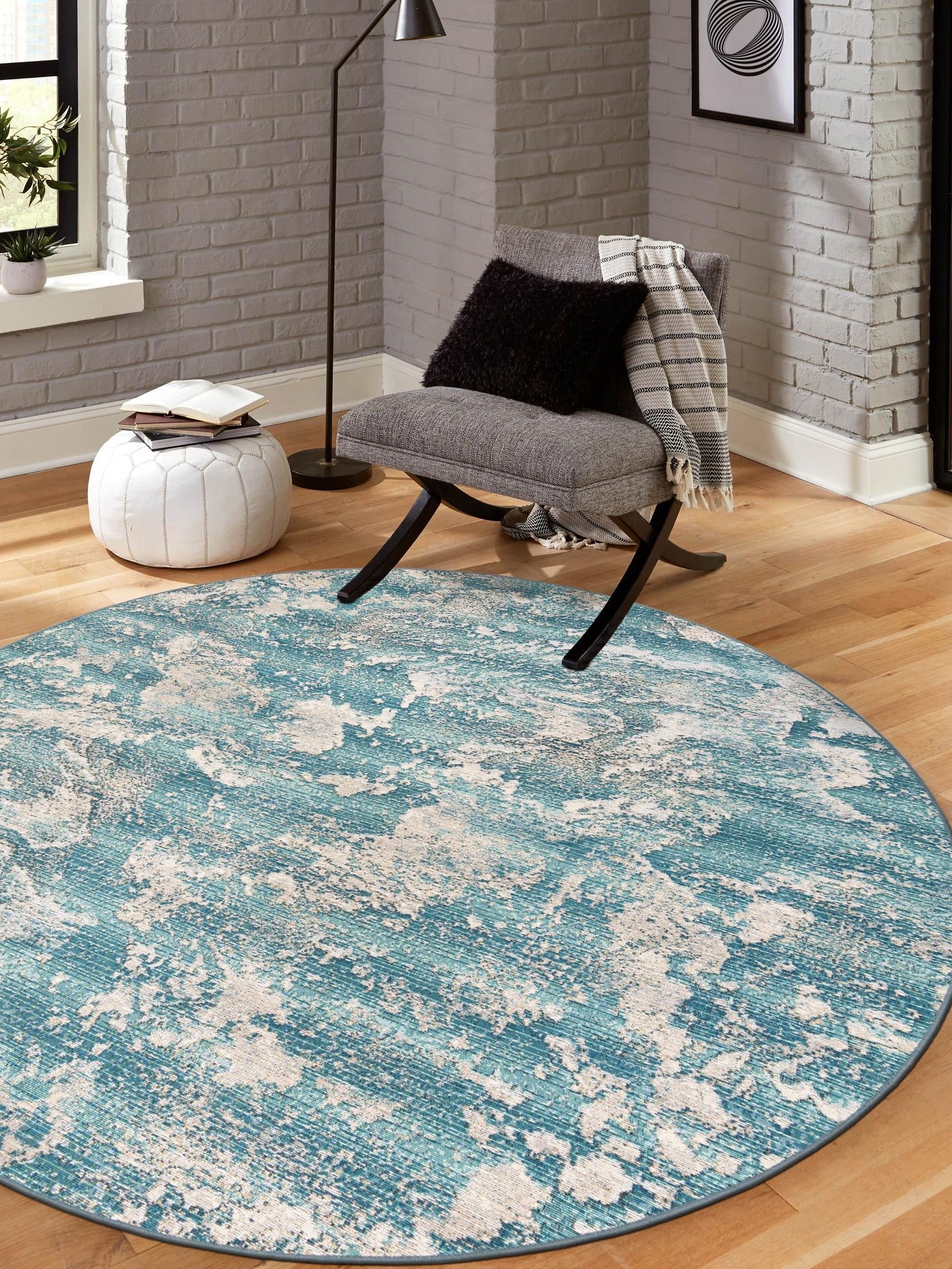 Aqua Blue 5' 1 x 5' 1 Outdoor Modern Round Area Rug Weather Resistant for Patio, Deck, Terrace, Balcony, Porch 100% Polypropylene Modern Outside Carpet for Sale at Rug Engine