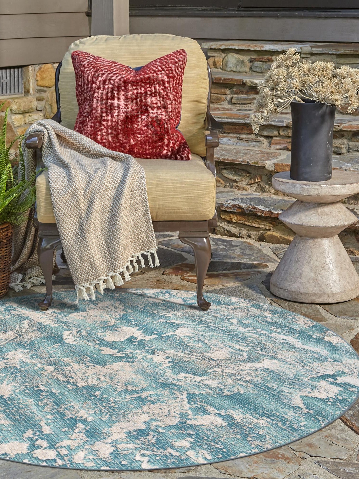 Aqua Blue 4' 1 x 4' 1 Outdoor Modern Round Area Rug Weather Resistant for Patio, Deck, Terrace, Balcony, Porch 100% Polypropylene Modern Outside Carpet for Sale at Rug Engine